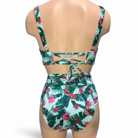 Victoria Secret Very Sexy Bikini Top Mid Rise Bottoms Green Red Tropical 34DD L - Picture 3 of 15